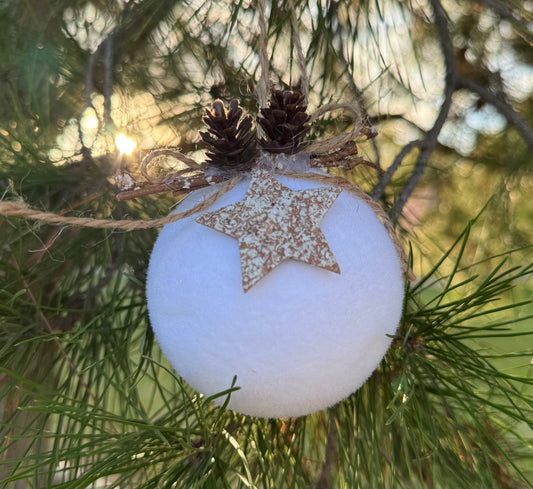 White Foam Ball Ornament with Pinecones & Star