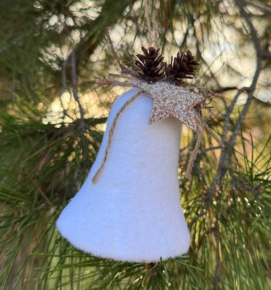 White Bell Ornament with Pinecones & Star